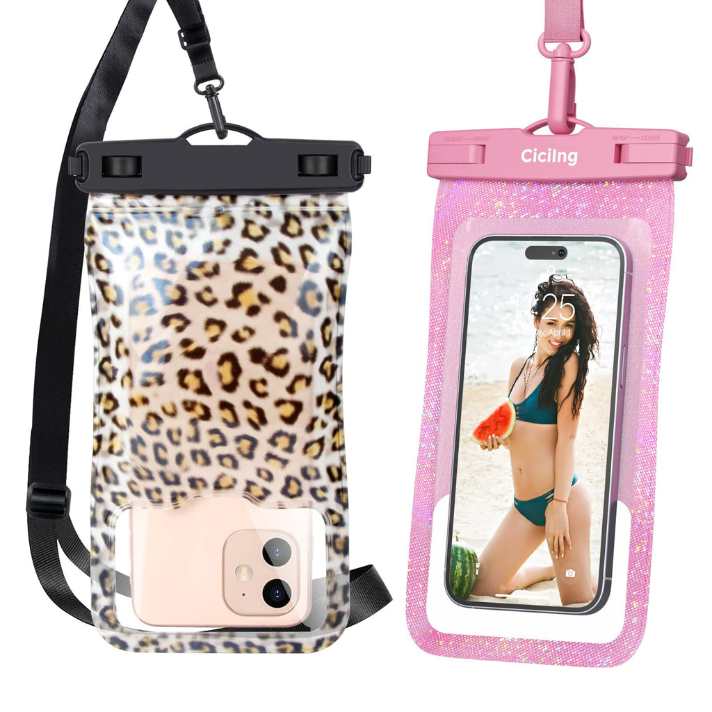  [AUSTRALIA] - [2 Pcs] Floating Waterproof Phone Pouch [Super Buoyancy & Floating Airbag] IPX8 Waterproof Cell Phone Pouch Dry Bag with Lanyard for iPhone 14/13/12 Pro Max Samsung Galaxy Google Up to 7" Leopard Print&Pink