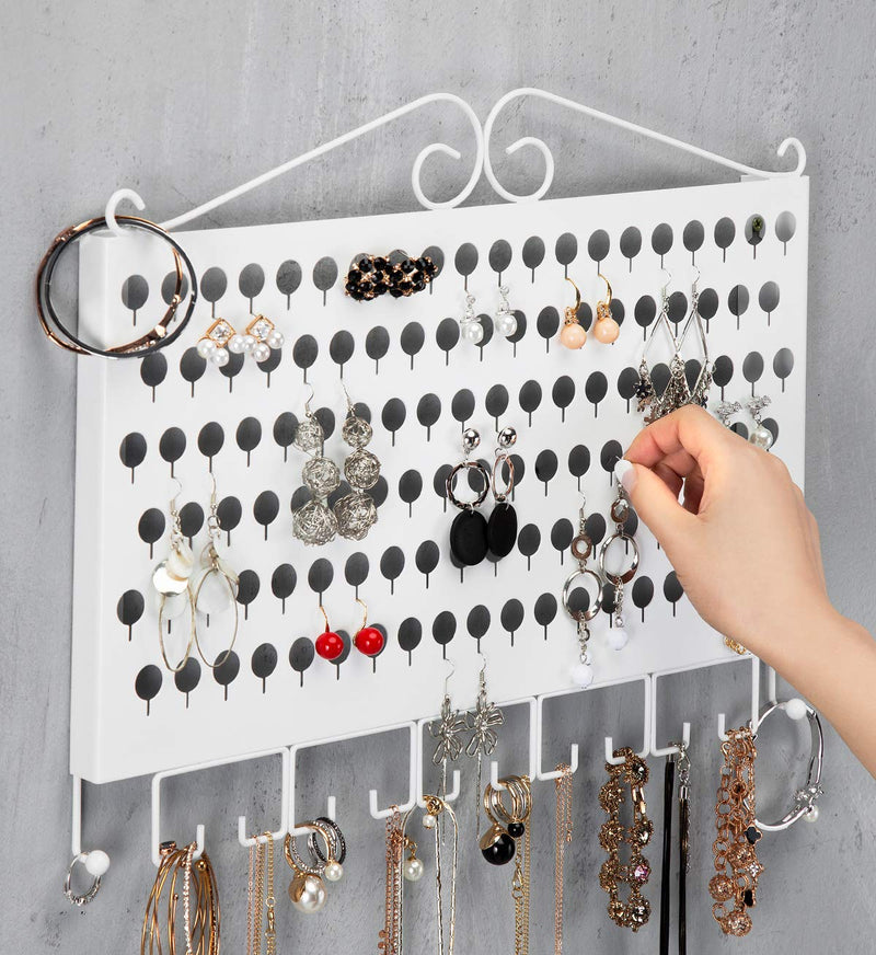  [AUSTRALIA] - J JACKCUBE DESIGN Wall Mounted Jewelry Organizer, Earring Necklace Bracelet Holder Display Hanger with 117 Holes & 12 Hooks (White, 16.54 x 12.2 x 0.75 inches) - MK319B White