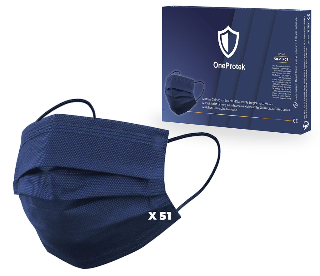  [AUSTRALIA] - CE certified 50 surgical masks colorful OneProtek - Navy blue Medical face mask according to EN14683:2019 Type 2R IIR - BFE ≥ 98% - Comfortable and highly elastic