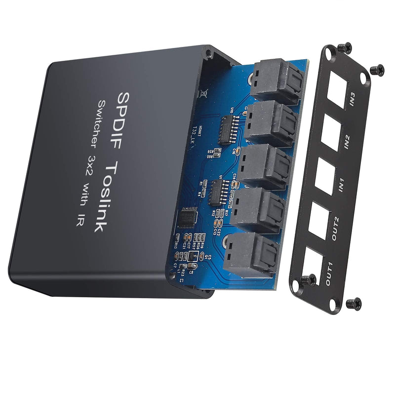  [AUSTRALIA] - eSynic 3X2 Optical Switcher Splitter, Optical Audio Splitter 3 in 2 Out Aluminum Alloy 3 Port Optical Switch, 2 Way Digital Audio Splitter with IR Remote/Power Adapter Support PCM2.0 5.1CH DTS AC3