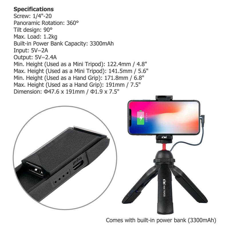  [AUSTRALIA] - Vlog Mini Handheld Tripod with Built-in USB-A Power Bank, Camera Phone Tabletop Tripod with 360°Pan and 90°Tilt for Mirrorless DSLR Cameras Smartphones LED Lights Projectors and More with 1/4" Screw Recharagable(with built-in power bank )
