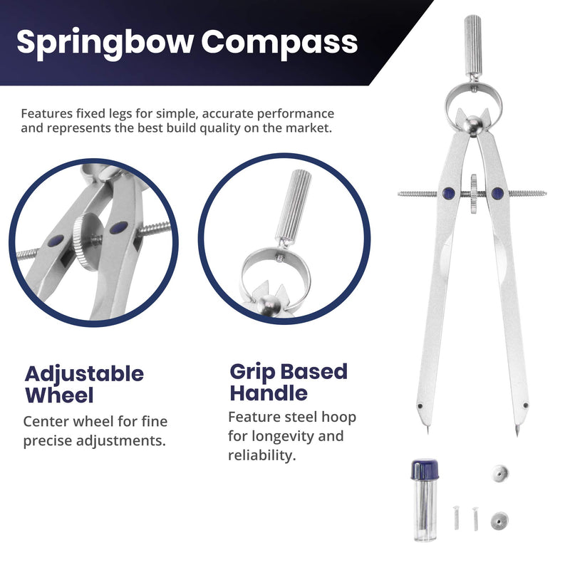 Pacific Arc Metal Professional Compass, Perfect Spring Bow Compass for Math, Geometry, or Drafting, Up to 8" Diameter Large, Comes with Lead and Lock - LeoForward Australia