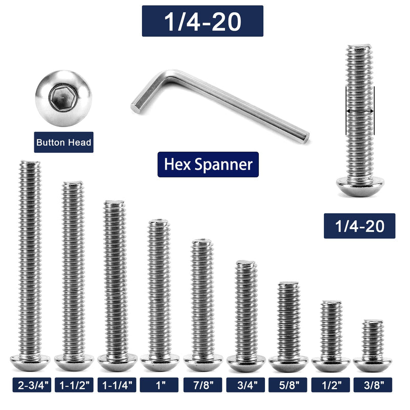  [AUSTRALIA] - 1/4-20 x 3/4" Button Head Socket Cap Bolts Screws, 20Pcs 304 Stainless Steel 18-8, Allen Hex Drive, Bright Finish by SG TZH(with Hex Spanner) 20 1/4-20 x 3/4"