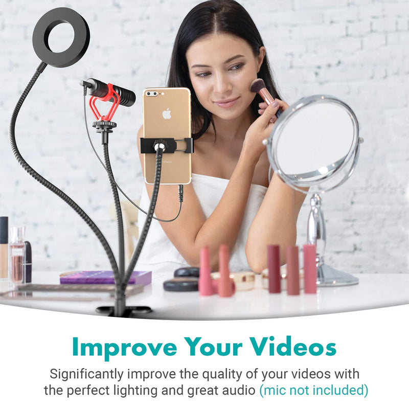  [AUSTRALIA] - Movo VGC-3 Selfie Ring Light Stand with Cell Phone Holder and Third Flexible Arm with a 1/4" Mount for Microphones - for TIK Tok, YouTube, Live Stream, Tutorial, Vlog - Compatible with iPhone/Android