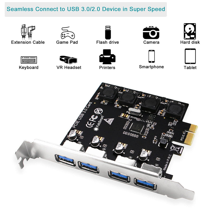  [AUSTRALIA] - FebSmart 4 Ports USB 3.0 Super Fast 5Gbps PCI Express (PCIe) Expansion Card for Windows Server, XP,7, Vista, 8, 8.1, 10 PCs-Build in Self-Powered Technology-No Need Additional Power Supply (FS-U4-Pro) Black