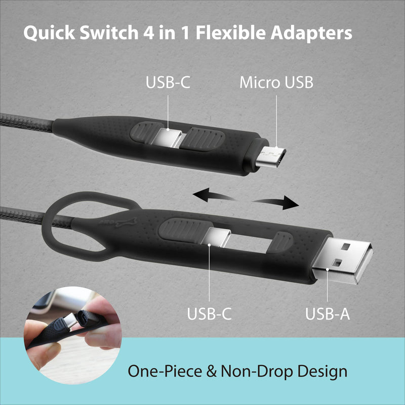  [AUSTRALIA] - Bone】Charging Cable 4-in1 Interchangeable Adapter for USB-C USB-A and Micro USB, Nylon Braided Cord, Compatible for iPhone Samsung Android Smartphone iPad Tablet Computer- Black