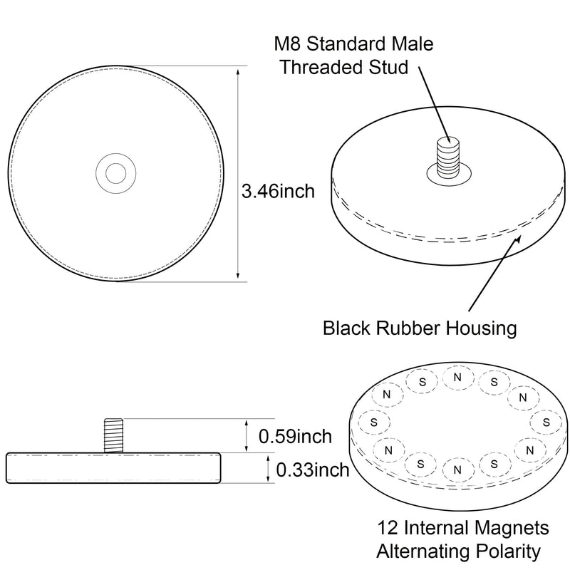  [AUSTRALIA] - ULIBERMAGNET 2Pack Rubber Coated Magnet with M8 Male Thread Stud, Anti-Scratch 100lb Strong Neodymium for Outdoor Light Bar, Signal Lights and Tools C88 mm # M8 Male Thread 100lb