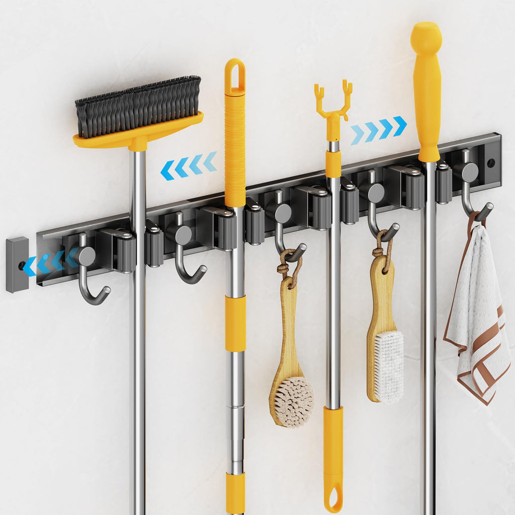  [AUSTRALIA] - Broom holder wall, device holder, broom holder, self-adhesive, stainless steel garden tool holder, tool holder, hanging broom without drilling, 4 holders and 5 hooks for home, kitchen, bathroom, garage, garden