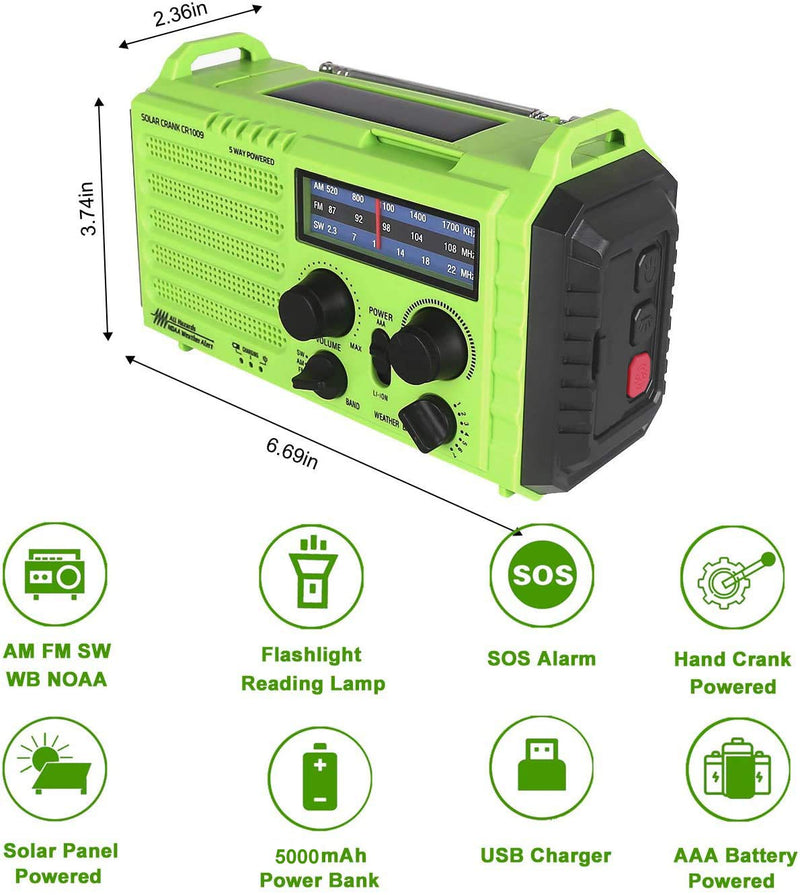 NOAA Weather Radio 5000mAh Solar Hand Crank Portable Radio for Household and 5 Ways Powered AM/FM/SW, Reading Lamp, Cell Phone Charger & LED Flashlight, SOS for Home and Emergency - LeoForward Australia