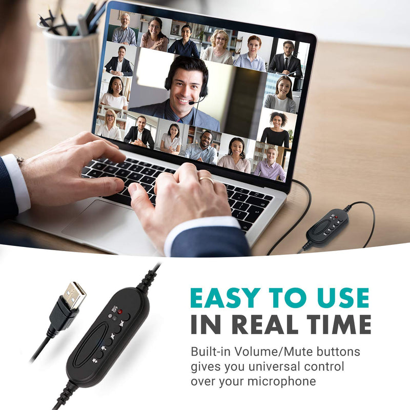  [AUSTRALIA] - Movo HSM-1 USB Headset with Microphone - Universally Compatible with Laptop/Desktop, PC and Mac, Perfect for Podcasting, Gaming, Remote Work, Conferences, Online Education, with Volume/Mute Controls