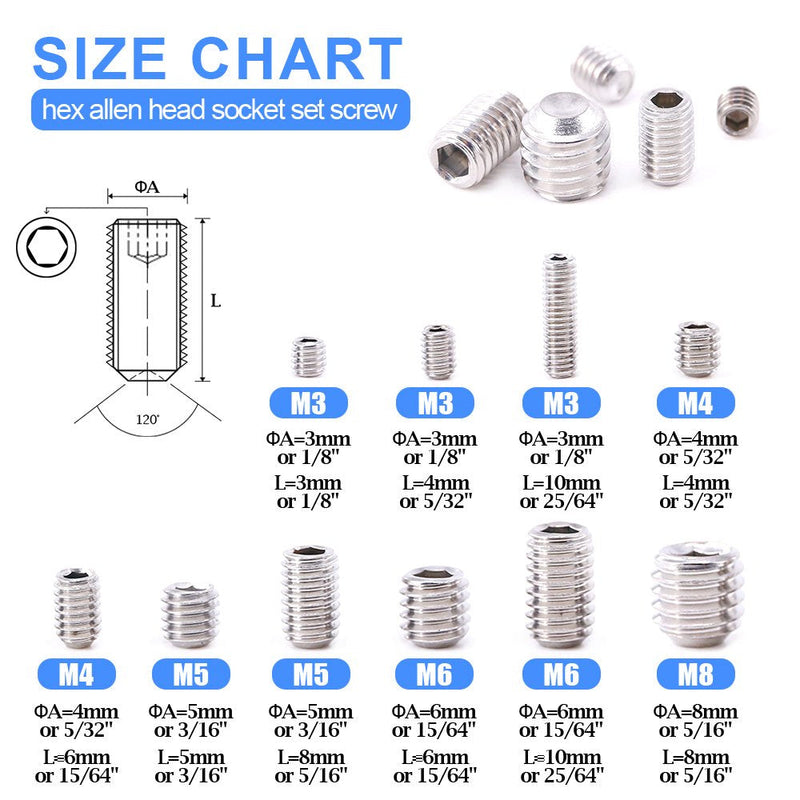  [AUSTRALIA] - Glarks 200-Piece M3 4 5 6 8 Hex Allen Head Socket Set Screw Assortment Kit (304 Stainless Steel) 200Pcs Silver Metric Set Screws Kit