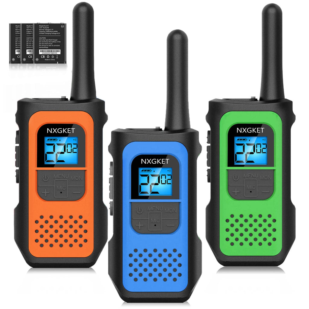  [AUSTRALIA] - Walkie Talkies for Adults 3 Pack, NXGKET Rechargeable Walkie Talkies Long Range, 2 Way Radios 22 Channels VOX with 1200mAh Li-ion Battery Type-C Cable for Outdoor Camping Hiking Trip 1Blue & 1Green & 1Orange & 3Li-ion Battery & 3Belt Clip & 1USB-C Cable
