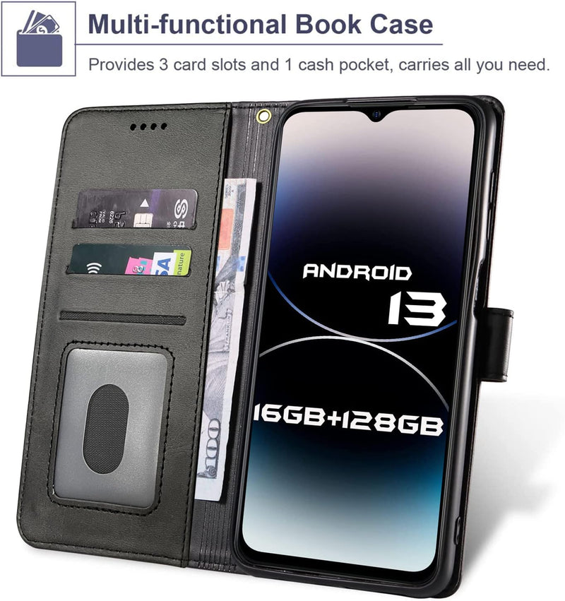  [AUSTRALIA] - for Ulefone Note 16 Pro Case and Tempered Glass Screen Protector,PU Leather Flip Cover Wallet Phone Case Protector [Full Protection][Card Slots][Kickstand] for Ulefone Note 16 Pro 6.52”, Black