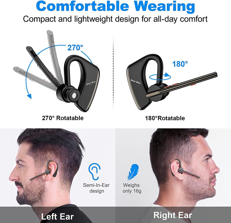  [AUSTRALIA] - New bee Bluetooth Headset V5.2 Wireless Bluetooth Earpiece 24Hrs Talktime CVC8.0 Dual Mic Noise Cancelling for iPhone/Android/Driver/Business/Office Black