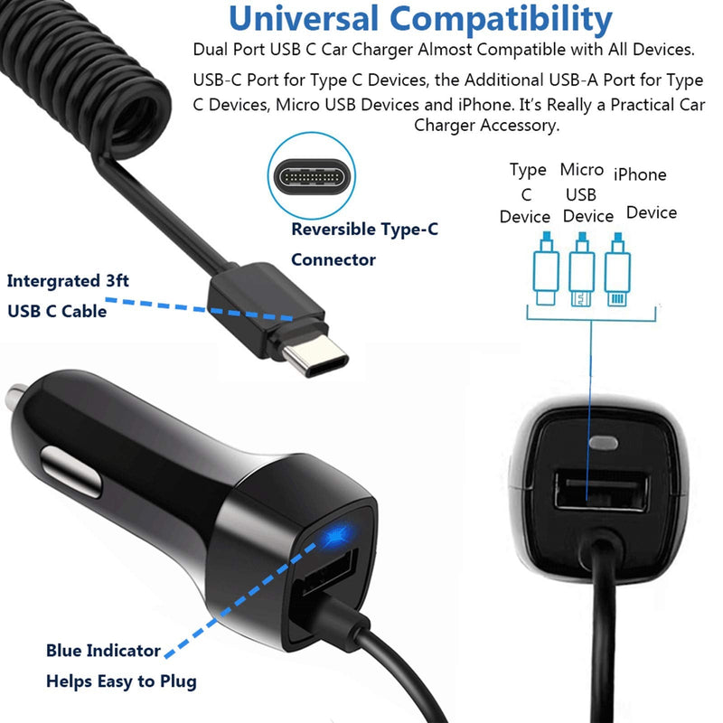  [AUSTRALIA] - 2Pack 2.4A Fast Charging USB C Car Charger Adapter with 3ft Type C Coiled Cable for Samsung Galaxy S20 FE S20 Plus Ultra S10 Lite S10e S9 S8+ A01 A10E A11 A20 A21 A30S A50 A51 5G A71, LG Stylo 6 5 4