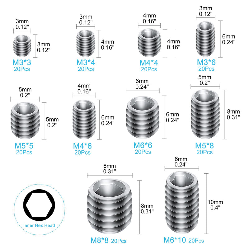  [AUSTRALIA] - LordHardware 200Pcs Allen Head Socket Hex Set Screw Bolts Assortment Grub Screws Kit Metric M3 M4 M5 M6 M8 w/Internal Hex Drive, Stainless Steel Silver