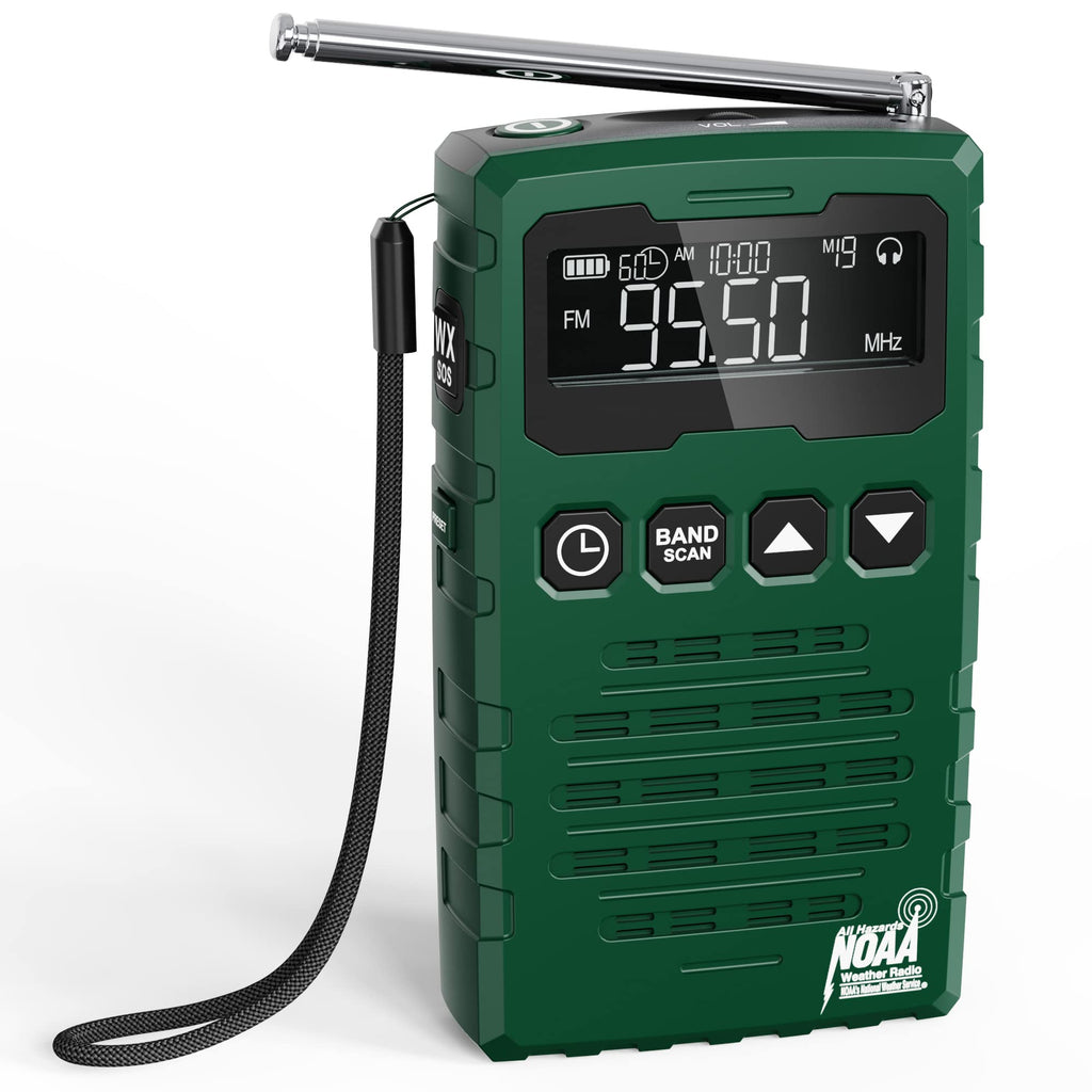  [AUSTRALIA] - NOAA Weather Radio - Rechargeable NOAA/AM/FM Emergency Radio, Portable Pocket Radio, Longest Playtime, Best Reception, Digital Tuning, Auto Scan&Preset Function, Time Display, Mono Headphone Socket Rechargeable Green