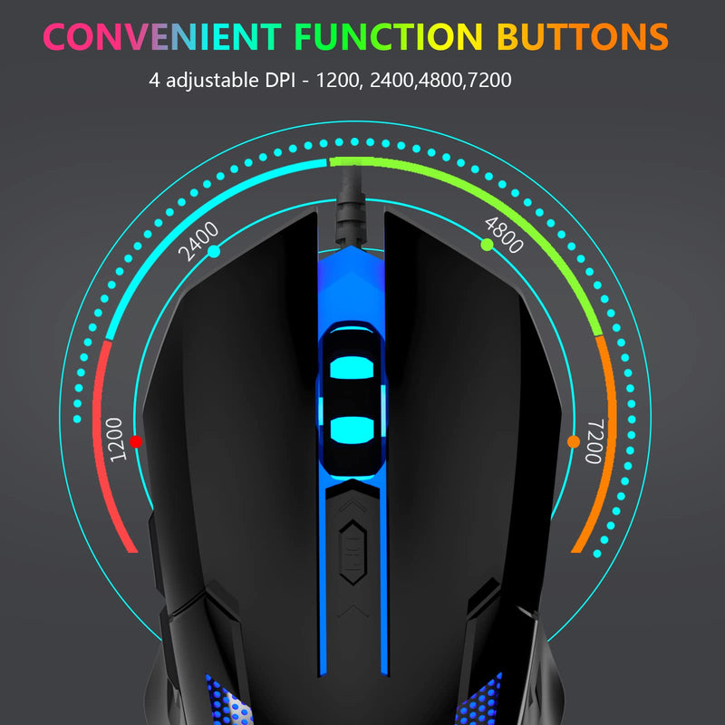  [AUSTRALIA] - FUWANG Wired Gaming Mouse, USB Computer Mouse with RGB Backlit, 7200 DPI Optical Sensor, Ergonomic Gamer Mouse with 6 Programmable Buttons for Windows/PC/Mac/Laptop Gamer Dark Black