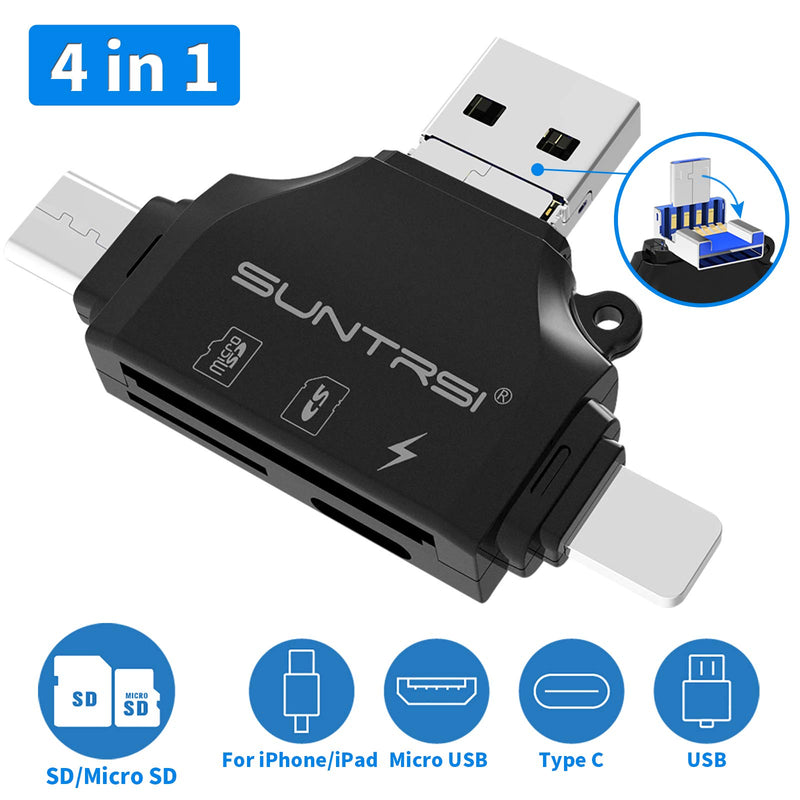  [AUSTRALIA] - 4 in 1 SD Card Reader for iPhone ipad Android Mac PC Camera,Micro SD Card Reader SD Card Adapter Portable Memory Card Reader Trail Camera Viewer Compatible with SD and TF Card black
