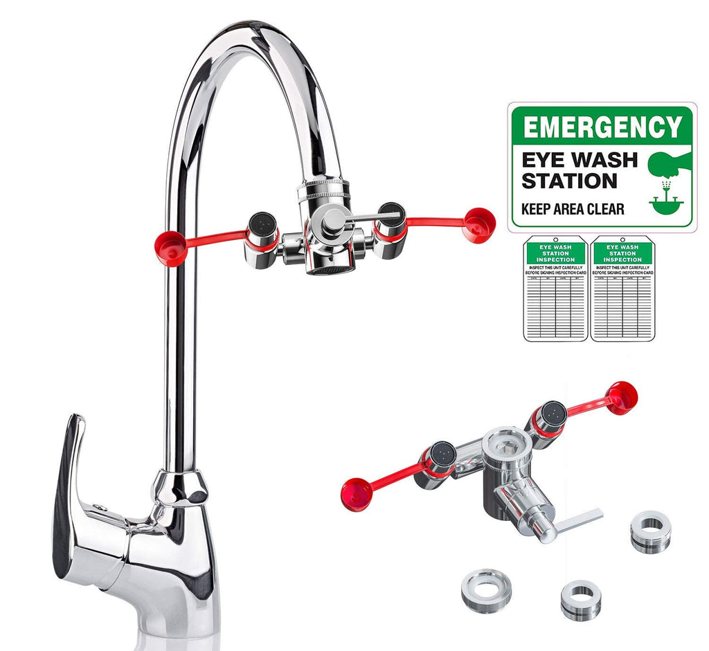  [AUSTRALIA] - Skywin Eye Wash Kit - Faucet Mounted Emergency Eye Wash Station Sink Attachment - 1x Continuous Flow Eyewash Station,3X Common Sink Adapters,2X Inspection Tags,1x Emergency Eye Wash Station Sign 1