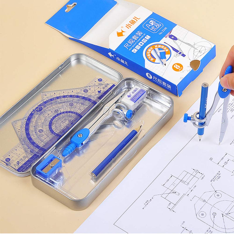 Waremew Math Geometry Kit Set 8 Pieces Student Supplies with Shatterproof Storage Box,Includes Ruler, Protractor, Compass, Pencil,Pencil Sharpener and Eraser,etc.for Drafting and Drawings - LeoForward Australia