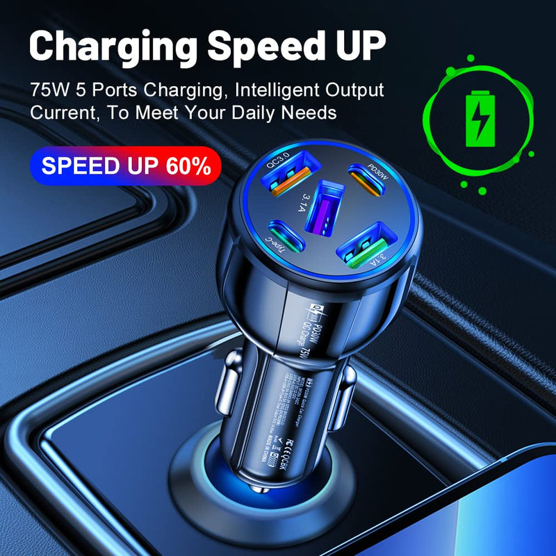  [AUSTRALIA] - 75W USB C Car Charger, PD30W &QC3.0 Fast Charging Car Charger Adapter, 5 Multi Port Type C Cigarette Lighter USB Charger, Car Phone Charger for iPhone/Android/Samsung Galaxy S10 S9 Plus (Black) Black