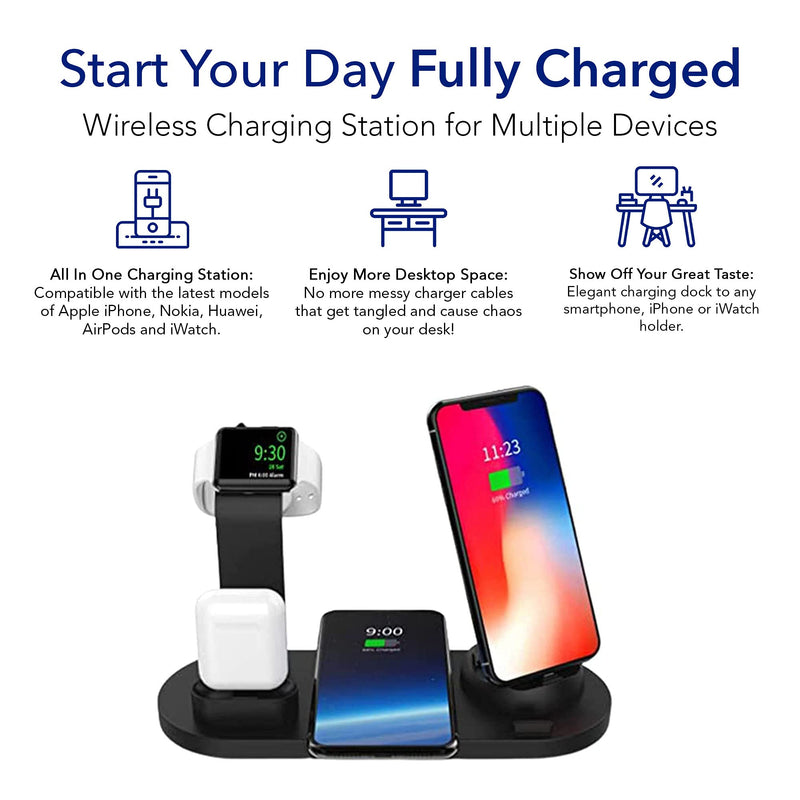  [AUSTRALIA] - Charging Dock Stations - 4-in-1 Wireless Charging Pad, Rotating Plug Multi-Device Charger for Apple iPhone, AirPods, iWatch, Samsung Galaxy S20, and Other Qi-Enabled Devices, Black