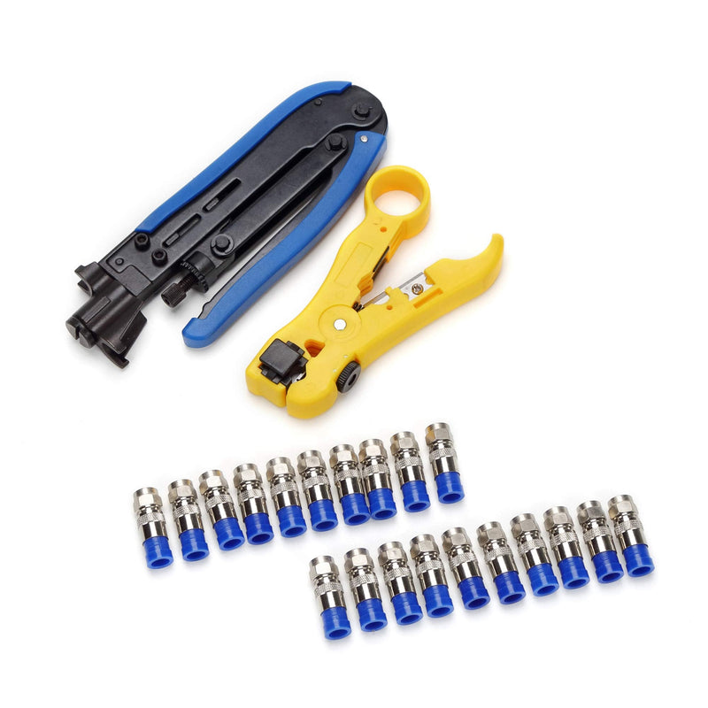  [AUSTRALIA] - TLS.eagle Coax Cable Crimper Coaxial Compression Tool Kit Adjustable Wire Stripper with F RG6 RG59 RG11 RG7 Pack of 20 Blue