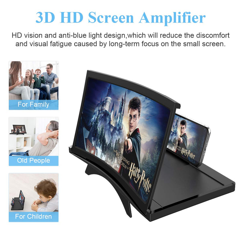  [AUSTRALIA] - 12" Curve Screen Magnifier –3D HD Mobile Phone Magnifier Projector Screen for Movies, Videos, and Gaming–Foldable Phone Stand with Screen Amplifier–Supports All Smartphones (Black) Black-12inch