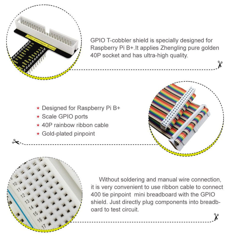  [AUSTRALIA] - KEYESTUDIO GPIO Breakout Kit for Raspberry Pi - Assembled Pi Breakout + Rainbow Ribbon Cable + 400 Tie Points Solderless Breadboard