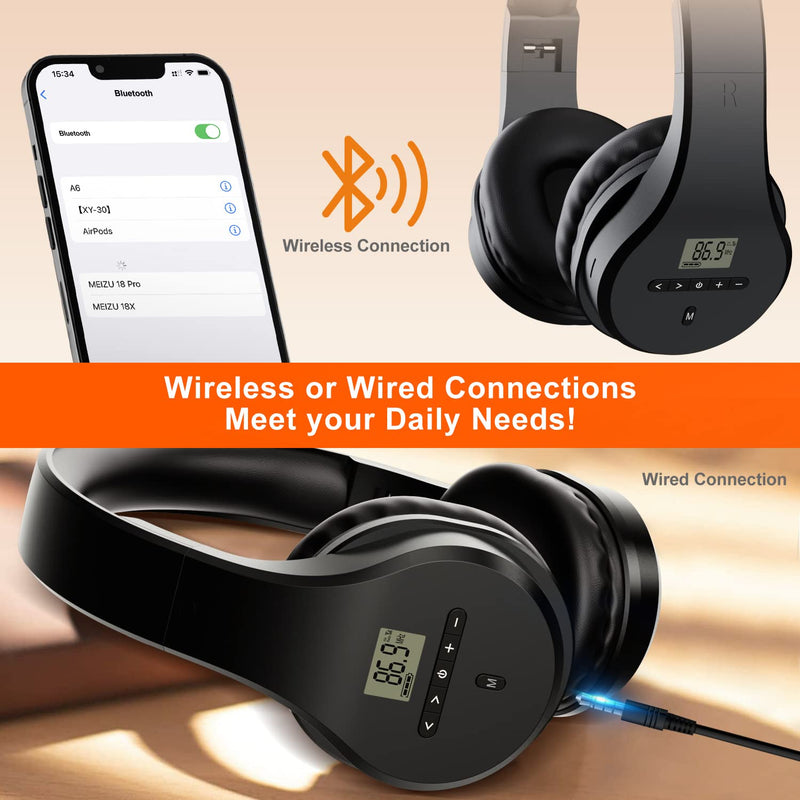  [AUSTRALIA] - Portable Rechargeable FM Radio Headphones Bluetooth Earmuffs, Transistor Radios with Best Reception, Wireless Radio Headset Built-in Mic,TF Card. Walkman Radio for Mowing,Jogging, Working