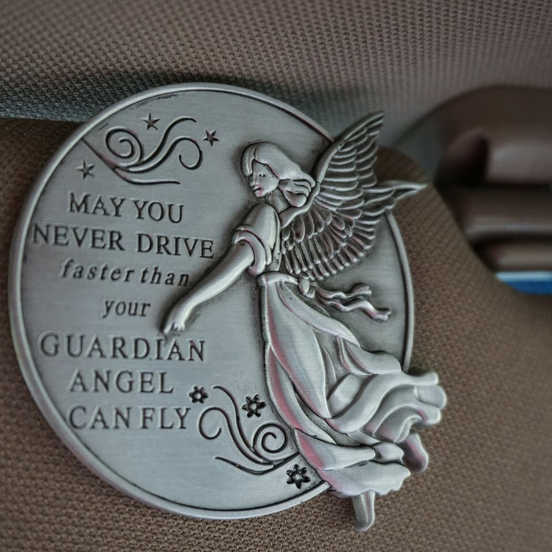  [AUSTRALIA] - Guardian Angel Visor Clip For Car: 2-1/4 Inch Diameter Metal, Reads MAY YOU NEVER DRIVE FASTER THAN YOUR GUARDIAN ANGEL CAN FLY, Best Parents Gift Idea for New Driver & Loved Ones Cars (1) 1