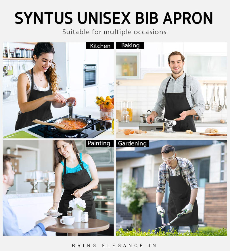  [AUSTRALIA] - Syntus 2 Pack Adjustable Bib Apron Waterdrop Resistant with 2 Pockets Cooking Kitchen Aprons for Women Men Chef, Black Polyester