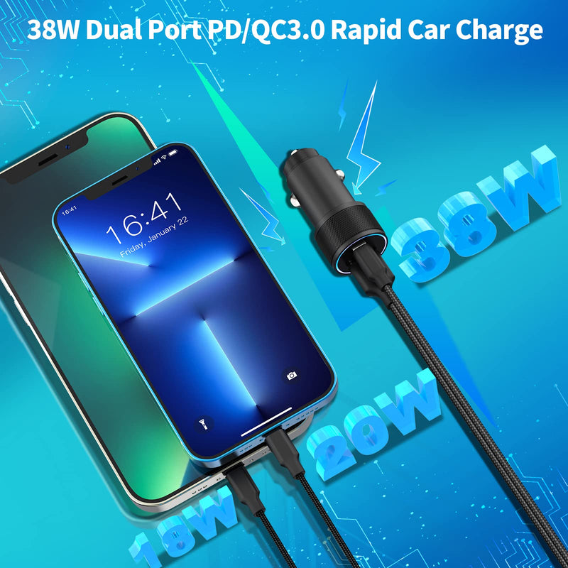  [AUSTRALIA] - [Apple MFi Certified] iPhone Fast Car Charger, Veetone 38W Dual Port USB C Power Delivery Metal Cigarette Lighter with 2Pack Lightning Braided Cable, PD/QC3.0 Quick Car Charge for iPhone/iPad/Airpods Black