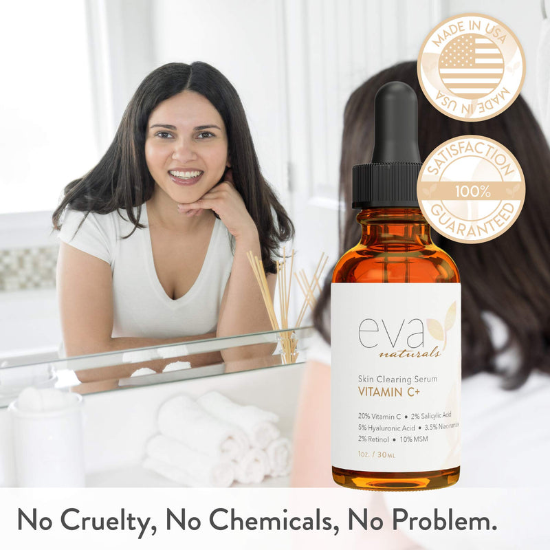 Eva Naturals Vitamin C Serum Plus 2% Retinol, 3.5% Niacinamide, 5% Hyaluronic Acid, 2% Salicylic Acid, 10% MSM, 20% Vitamin C - Skin Clearing Serum - Anti-Aging Skin Repair, Face Serum (1 oz) 1 Ounce (Pack of 1) - LeoForward Australia