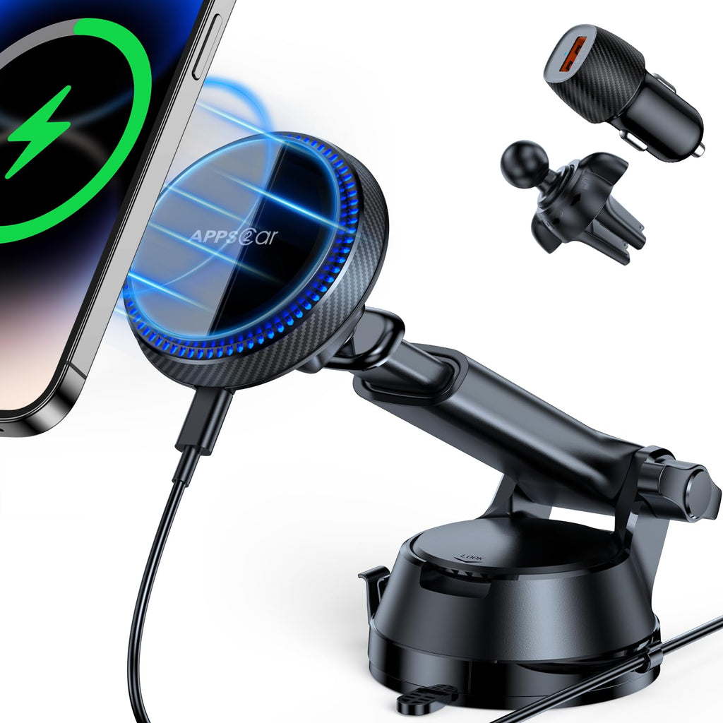  [AUSTRALIA] - APPS2Car for MagSafe Car Charger Mount, Magnetic Wireless Car Charger Dashboard Windshield Air Vent Car Phone Holder Mount Charger for iPhone 14/13/12 Series, Qi 15W Fast Charging, 17 Strong Magnets