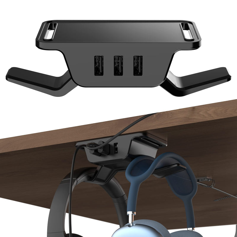  [AUSTRALIA] - HumanCentric Hook and Charge Headphone Hanger with USB Charger, Under Desk Headphone Mount + Headphone Stand, Charge Accessories with 3 USB A Ports, Hook Headphones on Headset Holder Desk Hook, Black