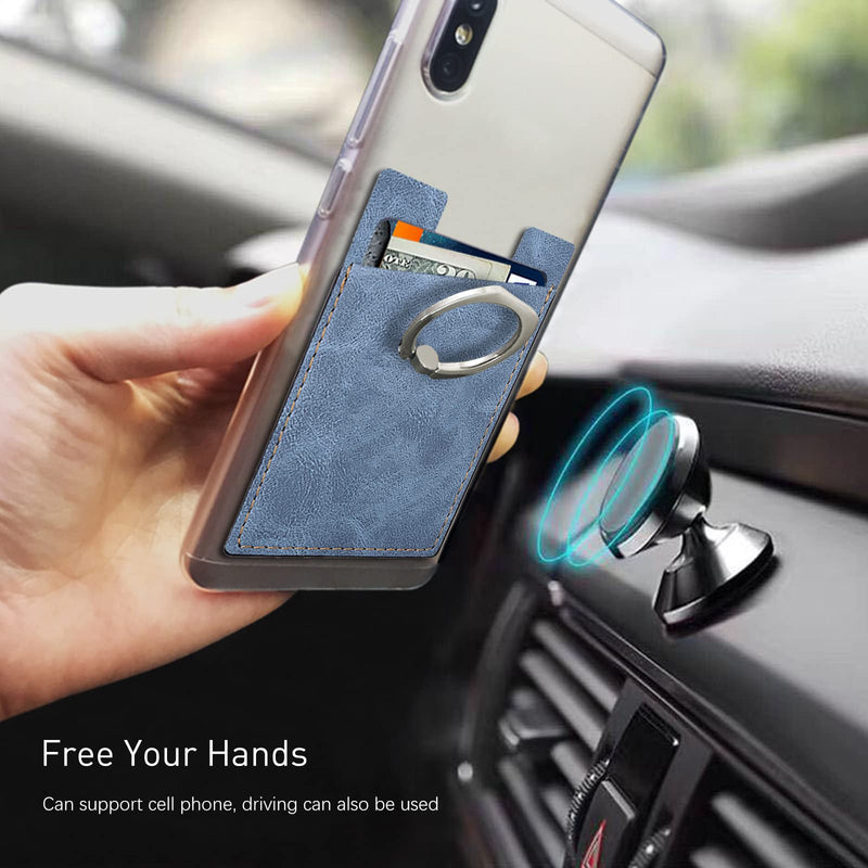  [AUSTRALIA] - Phone Card Holder with Phone Ring, Ring Wallets Combine a Finger Grip, Phone Ring Stand & Credit Card Sleeve into Thin Phone Wallets Stick On Universal to Any Cell Phone - Blue Leather