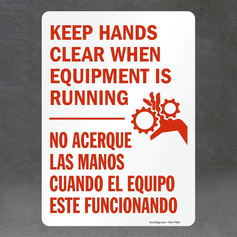 SmartSign "Keep Hands Clear when Equipment is Running" Bilingual Label | 10" x 14" Laminated Vinyl - LeoForward Australia