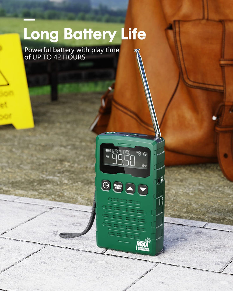  [AUSTRALIA] - NOAA Weather Radio - Rechargeable NOAA/AM/FM Emergency Radio, Portable Pocket Radio, Longest Playtime, Best Reception, Digital Tuning, Auto Scan&Preset Function, Time Display, Mono Headphone Socket Rechargeable Green