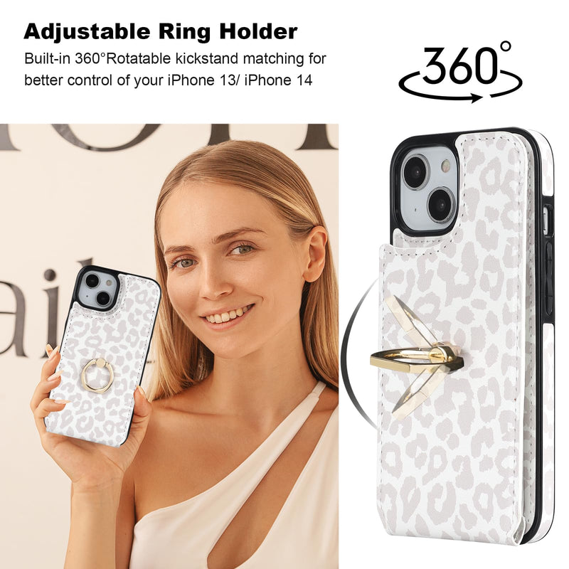  [AUSTRALIA] - HAOPINSH for iPhone 13/ iPhone 14 Wallet Case with Card Holder, 360°Rotation Ring Kickstand, White Leopard Cheetah Pattern, RFID Blocking Leather for Girls Women, Double Buttons Flip Protective 6.1"