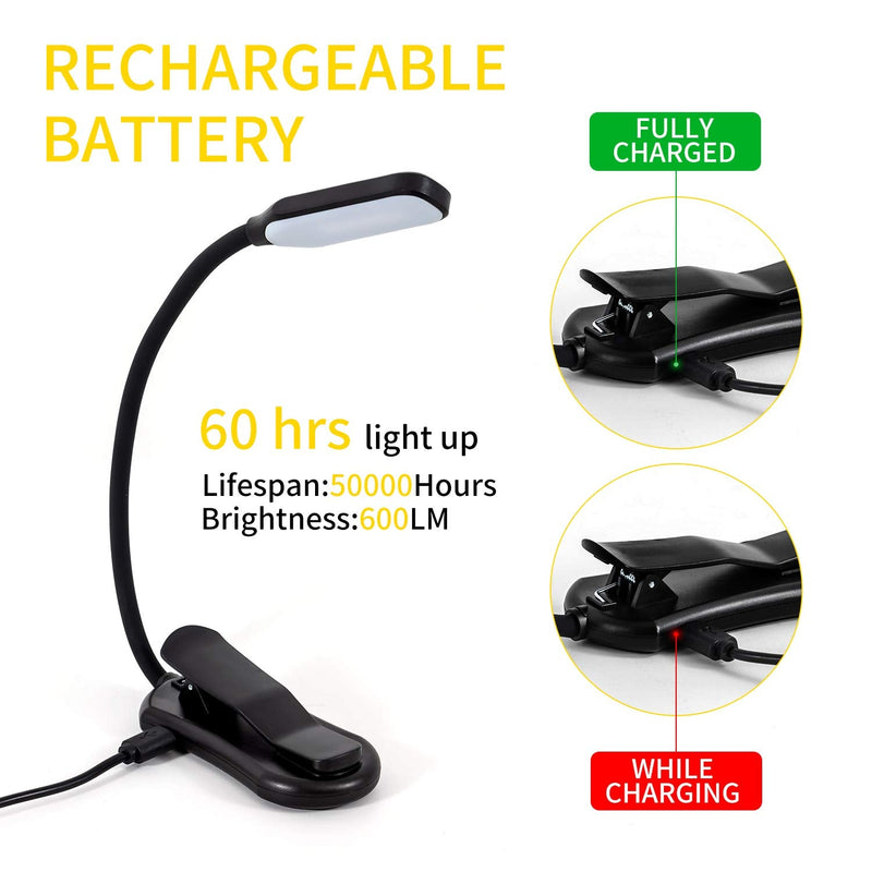  [AUSTRALIA] - BekaTech Rechargeable Book Light, 7 LED Reading Light with 9-Level Warm Cool White Daylight, Flexible Easy Clip On Reading Lamp, Eye Protection , Soft Table Light for Night Reading in Bed (Black)