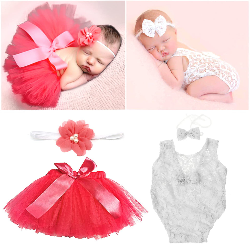  [AUSTRALIA] - 4 PCS Newborn Photography Props Outfits-BabyTutu Skirt Cute Bow Headdress and Baby Wings Set for Infants Girl Boy… Red