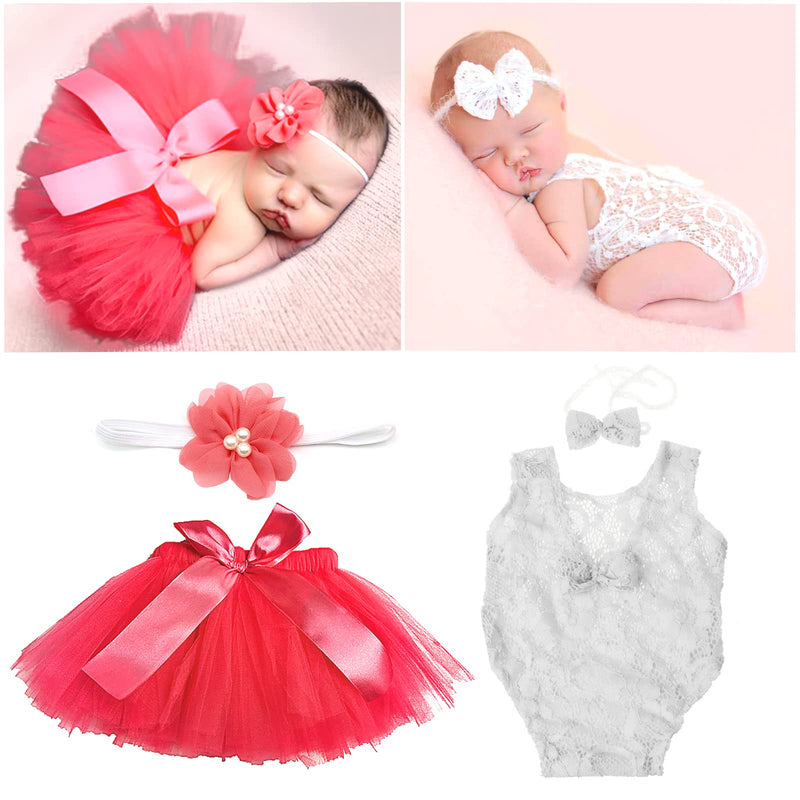  [AUSTRALIA] - 4 PCS Newborn Photography Props Outfits-BabyTutu Skirt Cute Bow Headdress and Baby Wings Set for Infants Girl Boy… Red