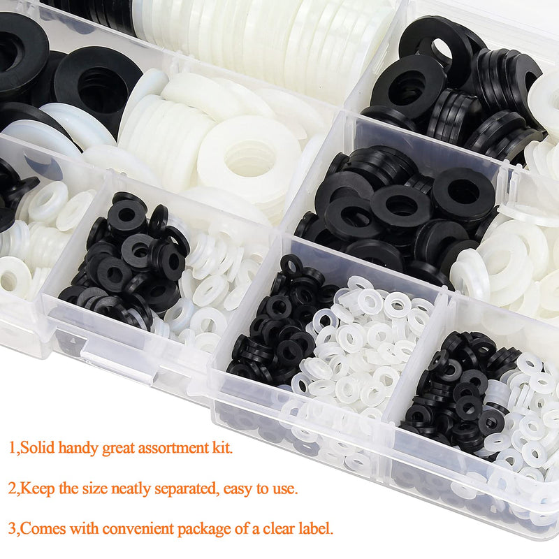  [AUSTRALIA] - HELIFOUNER 1000 Pieces 9 Sizes White/Black Nylon Flat Washers Assortment Kit - M2 M2.5 M3 M4 M5 M6 M8 M10 M12