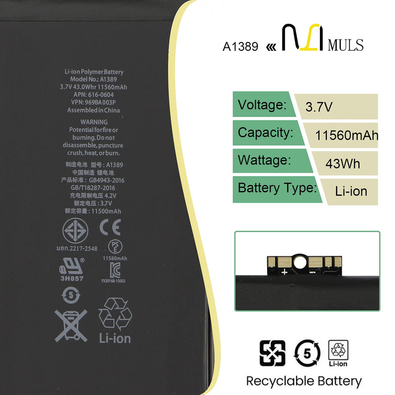  [AUSTRALIA] - MULS A1389 Tablet Battery for iPad 3 A1416 A1430 A1403 (2012) iPad 4 A1458 A1459 A1460 (2014) 616-0593 616-0592 616-0604 MC705LL/A MC706LL/A MC707LL/A MD328LL/A MD329LL/A MD330LL/A MD333LL/A