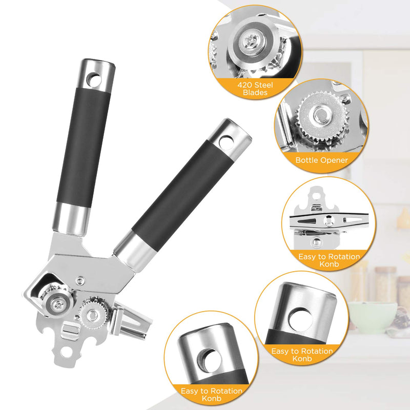  [AUSTRALIA] - Can Opener Manual,4-In-1 Stainless Steel Lightweight Duty Can Opener,Bottle Opener Ergonomic Anti-slip Grips,Smooth Edge Manual Can Opener,Easy Turn Knob,Sharp Blade (2 Spare Blades)