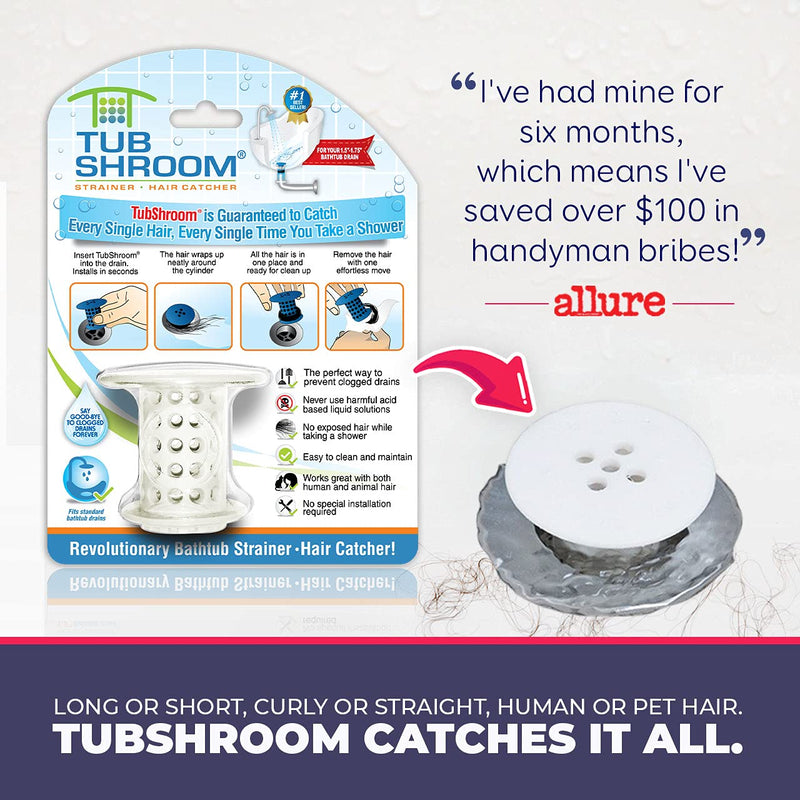 TubShroom The Revolutionary Tub Drain Protector Hair Catcher/Strainer/Snare, White, 2.25 x 2.25 Inch - LeoForward Australia
