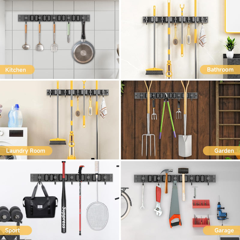  [AUSTRALIA] - Broom holder wall, device holder, broom holder, self-adhesive, stainless steel garden tool holder, tool holder, hanging broom without drilling, 4 holders and 5 hooks for home, kitchen, bathroom, garage, garden