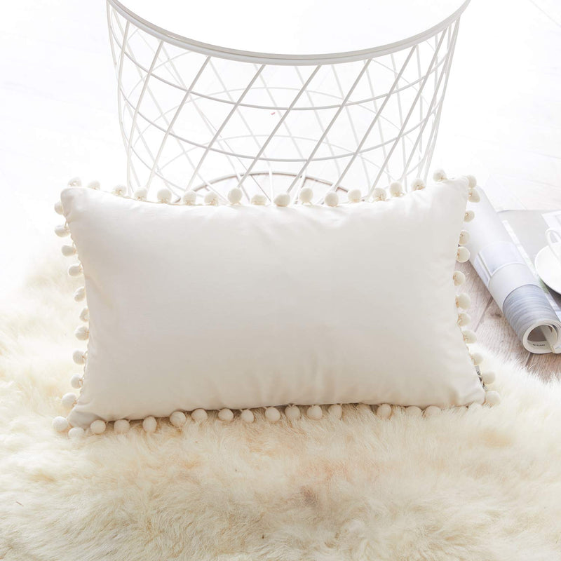  [AUSTRALIA] - Top Finel Lumbar Throw Pillow Covers with Pom Poms Soft Particles Velvet Solid Cushion Covers 12 X 20 for Couch Sofa Bedroom Car, Pack of 2, Cream 12"x20"